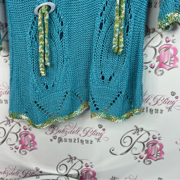 Moffi international sweater tassle beads Teal Knit Sweater with Yellow Accents - Picture 3 of 9